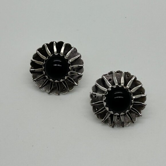 Sarah Coventry Vintage "Black Beauty" Silver-Tone Clip-On Earrings W/ Black Cabo - Picture 3 of 10